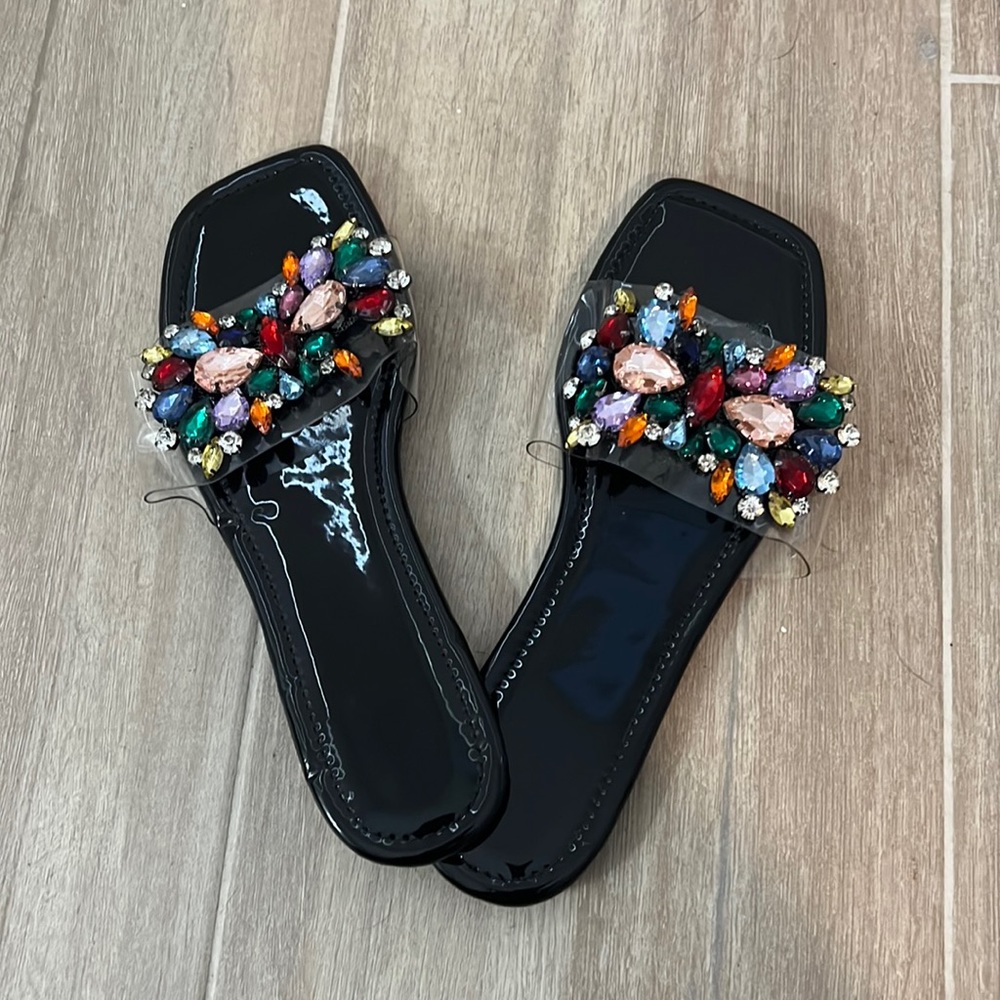 Excellent condition black rhinestone slip on flats